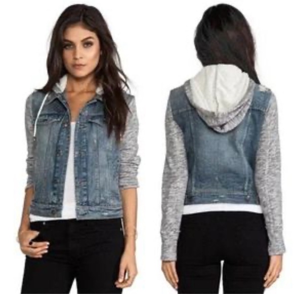 Free People Distressed Jean Jacket, Knit Sleeve, Removable Hood, Size Small - Picture 2 of 6